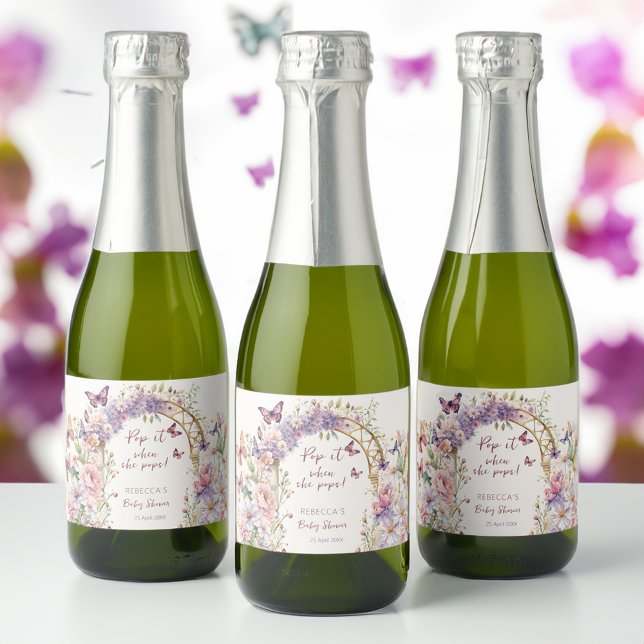 Pop it when she pops butterflies baby shower sparkling wine label (Pop it when she pops butterflies baby shower sparkling wine label mini champagne labels favors)