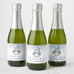 Pop it When She Pops Cute Boy Penguin Winter Sparkling Wine Label
