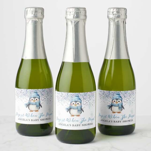 Pop it When She Pops Cute Boy Penguin Winter  Sparkling Wine Label (Bottles)