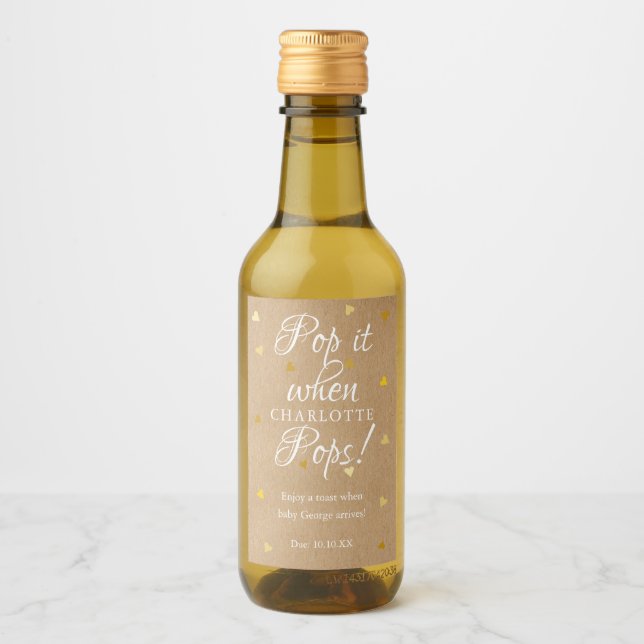 Pop It When She POPS Gold Hearts Baby Shower Wine Label (Front)