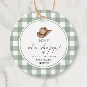 Pop it when she Pops Green Gingham Cowboy Favour Tags