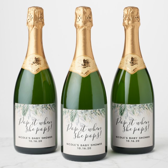Pop it When She Pops Greenery Baby Shower Full  Sparkling Wine Label (Bottles)