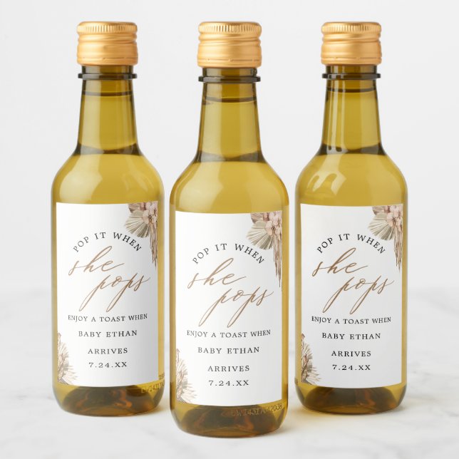 Pop it When She Pops Pampas Grass Baby Shower Wine Wine Label (Bottles)