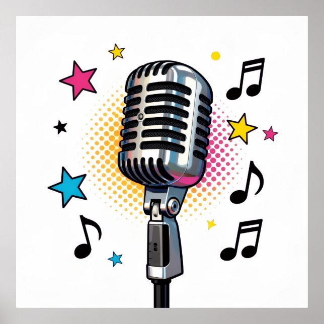 Pop microphone with colorful stars and music notes poster (Front)
