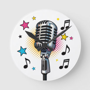 Pop microphone with colourful stars and music note round clock