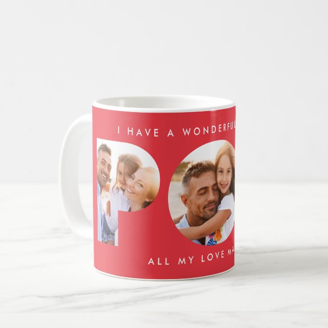 Pop multi photo modern typography elegant red coffee mug (Front Left)