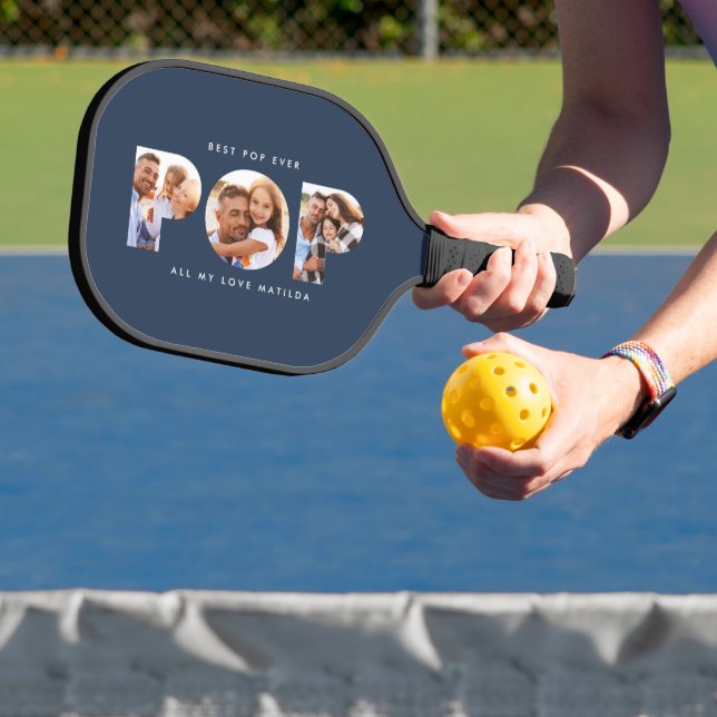 Pop multi photo modern typography navy blue gift pickleball paddle (Insitu)