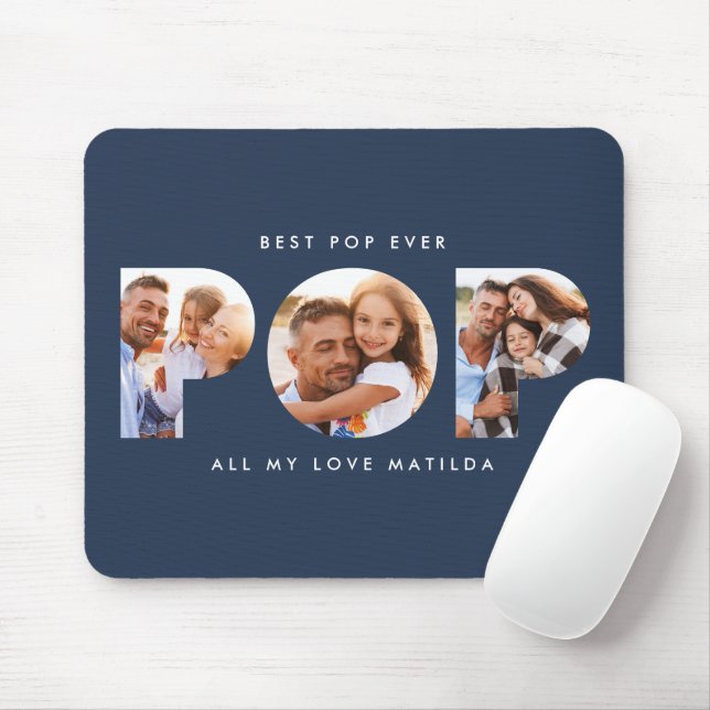 Pop multi photo modern typography navy blue mouse mat (With Mouse)