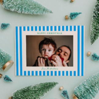 Pop of Blue Stripe One Photo Christmas Holiday Card