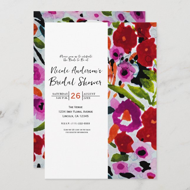Pop of Bold Colour Inky Watercolor Flowers Bridal Invitation (Front/Back)