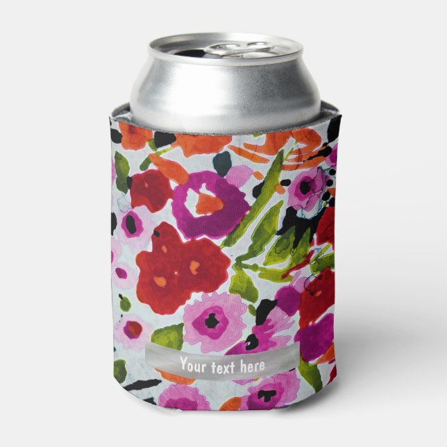 Pop of Bold Colour Inky Watercolor Flowers Can Cooler (Can Front)