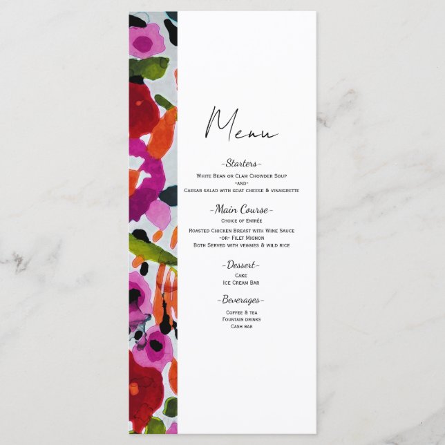Pop of Bold Colour Inky Watercolor Flowers Menu (Front)