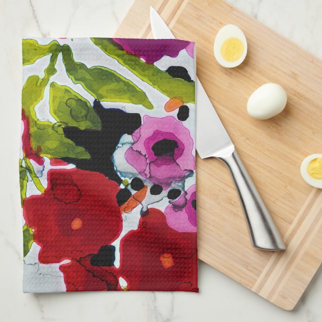 Pop of Bold Colour Inky Watercolor Flowers  Tea Towel (Quarter Fold)