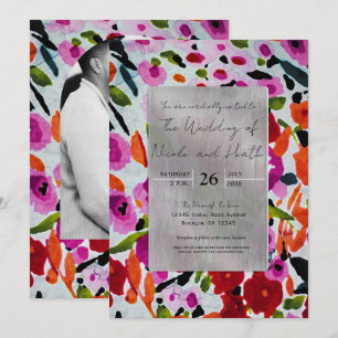 Pop of Bold Colour Inky Watercolor Flowers Wedding Invitation