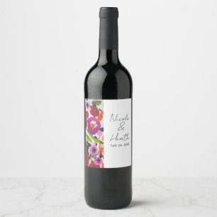 Pop of Bold Colour Inky Watercolor Flowers Wedding Wine Label