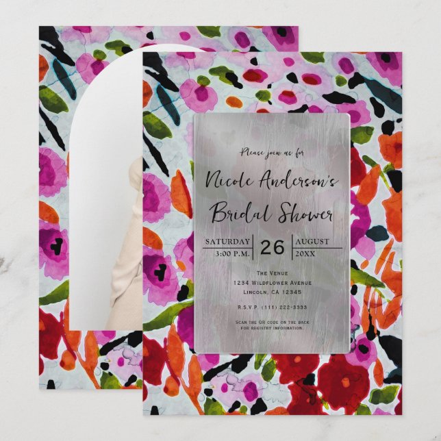Pop of Bold Colour Watercolor Flowers Bridal Showe Invitation (Front/Back)