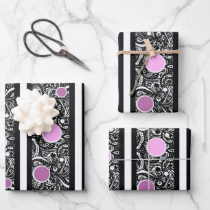 Pop of Pink on Black Paisley Wrapping Paper Sheet
