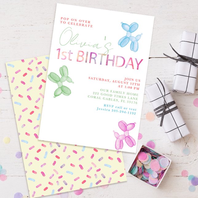 Pop On Over 1st Birthday Balloon Animal Invite (pastel first birthday party colorful animal balloon invitation)