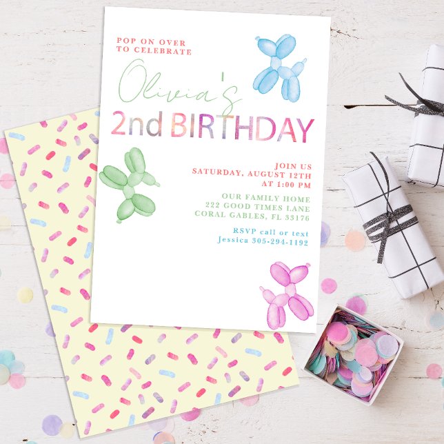 Pop On Over 2nd Birthday Balloon Dog Invite (balloon animals 2nd birthday party invitations)
