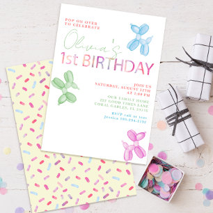 Pop On Over Animal Balloons 1st Birthday Party Invitation