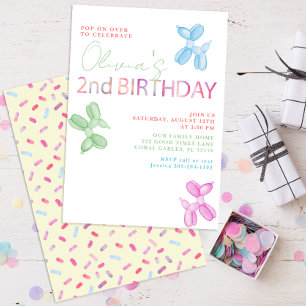 Pop On Over Animal Balloons 2nd Birthday Party Invitation
