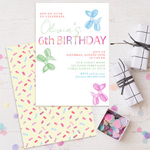 Pop On Over Animal Balloons 6th Birthday Party Invitation