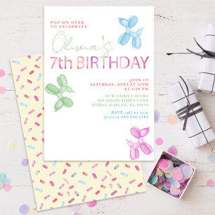 Pop On Over Animal Balloons 7th Birthday Party Invitation