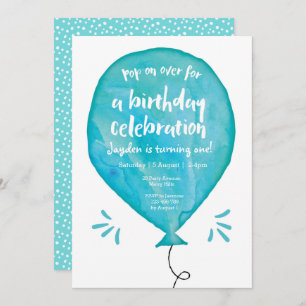 Pop on over Blue Balloon Birthday Invitation