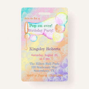 Pop On Over Bubbles Kids Birthday Party Invite  ID Badge