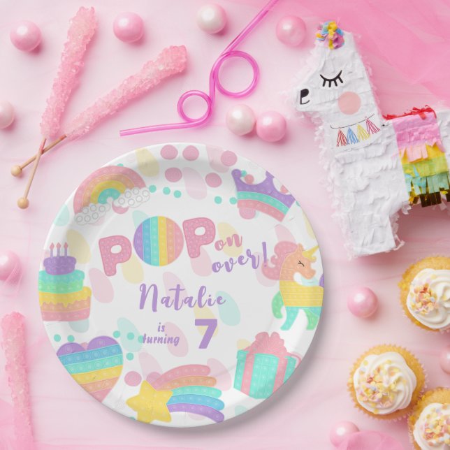 Pop on over! Pastel pop it birthday kid Paper Plate (Party)