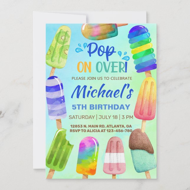 Pop on over popsicles summer birthday invite. invi invitation (Front)