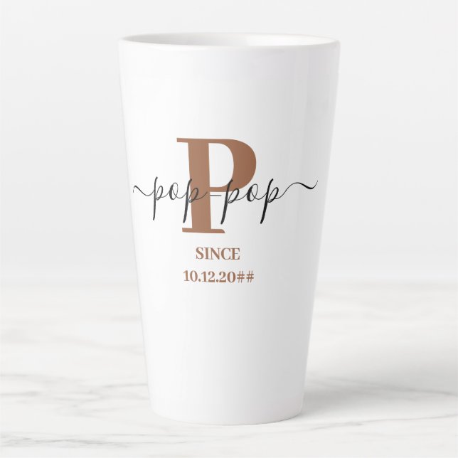 Pop-Pop Elegant Script Monogram Brown White Latte Mug (Front)