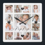Pop Pop Script Family Memory Photo Grid Collage Square Wall Clock<br><div class="desc">A beautiful personalised gift for your Pop Pop that he'll cherish for years to come. Features a modern thirteen photo grid collage layout to display 13 of your own special family photo memories. "Pop Pop" designed in a beautiful handwritten black script style. Each photo is framed with a simple gold-coloured...</div>