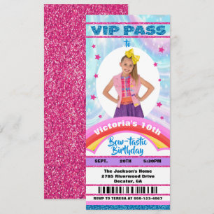Pop Star Bow Photo VIP pass ticket Birthday Invitation
