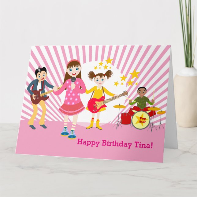 Pop star girl birthday party card (Front)