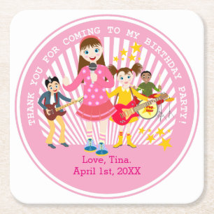 Pop star girl birthday party square paper coaster