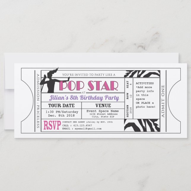 Pop Star Girls Vintage Ticket Birthday Invite (Front)