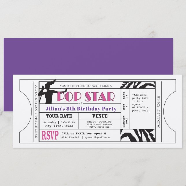 Pop Star Vintage Party Ticket Invitation (Front/Back)
