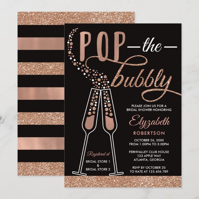 Pop The Bubbly Bridal Shower Invite, Faux Gold Invitation (Front/Back)