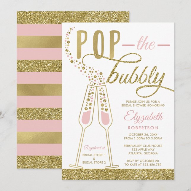 Pop The Bubbly Bridal Shower Invite, Faux Gold Invitation (Front/Back)