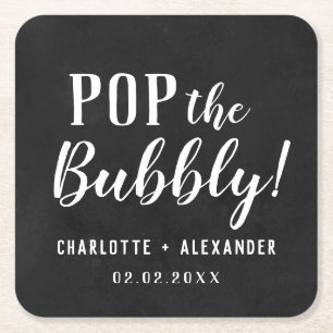 Pop The Bubbly Elegant Personalised Wedding Black Square Paper Coaster
