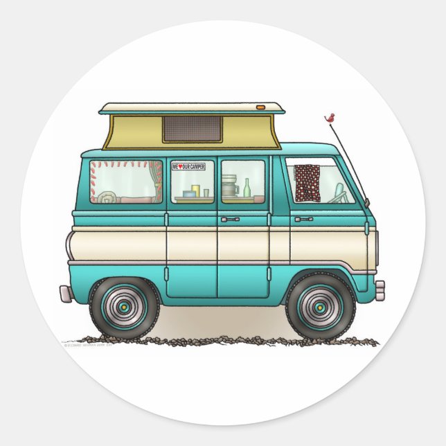 Pop Top Van Camper Classic Round Sticker (Front)
