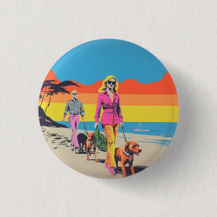 Popart style pin, button badge, beach dog walk