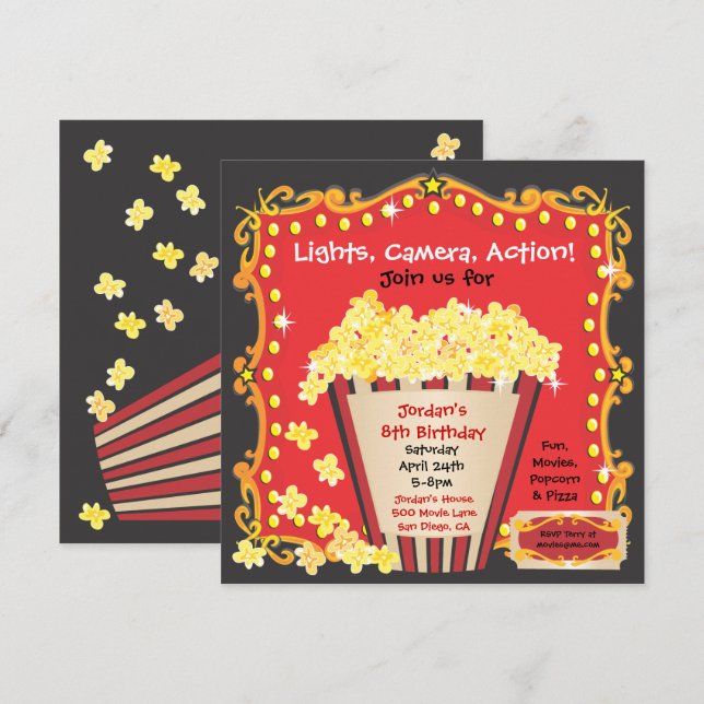 Popcorn and a Movie Birthday Party Invitation (Front/Back)