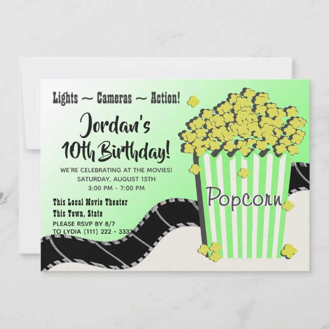 Popcorn and a Movie Green Invitation (Front)
