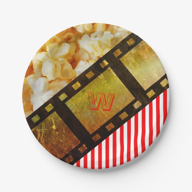 Popcorn and movie reel film gold black red white paper plate (Front)