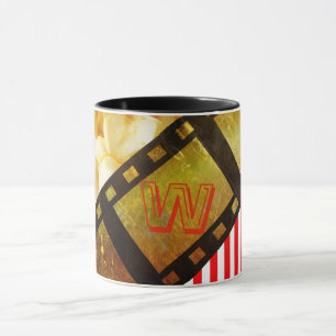 Popcorn and movie reel film gold black striped mug