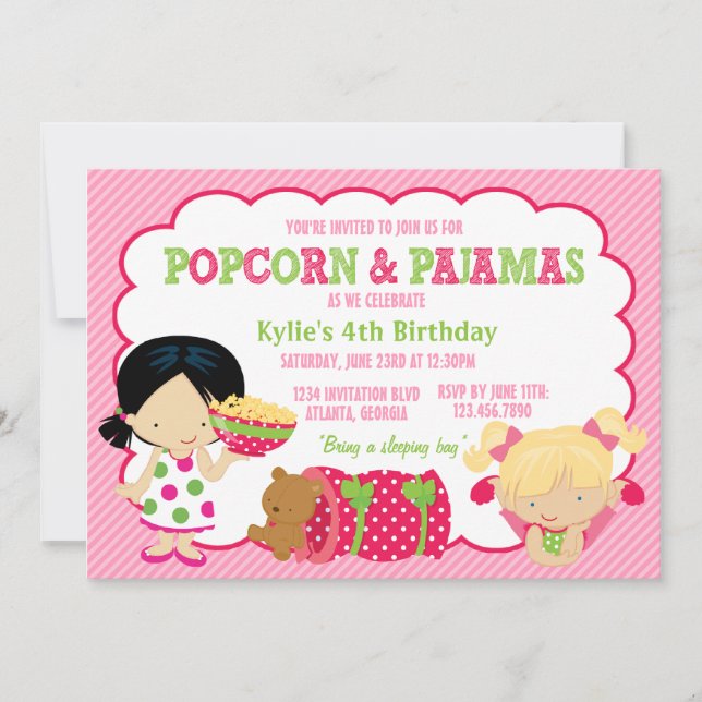 Popcorn and Pyjamas Sleepover Party Invitation (Front)