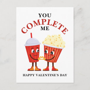 Popcorn and Soda You complete me Valentines pun Postcard