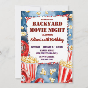 Popcorn Backyard Movie Night Birthday Party  Invitation